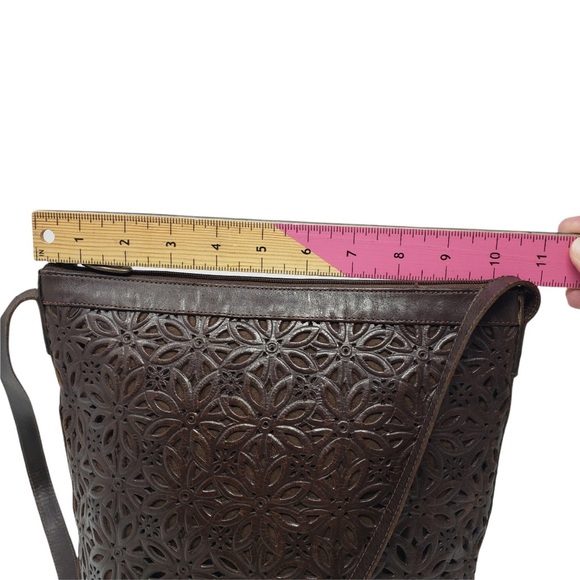 Unisa Brown Leather Purse Laser Cut Floral Pattern Zipper Close. - Picture 6 of 10